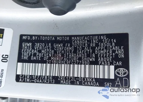 2015 Toyota Corolla Le z USA, uszkodzony, nr VIN 2T1BURHE9FC277990